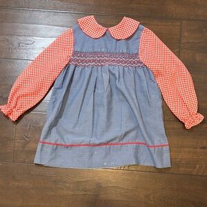 Vintage and OOAK Blue Smock Dress with Red Gingham Sleeves